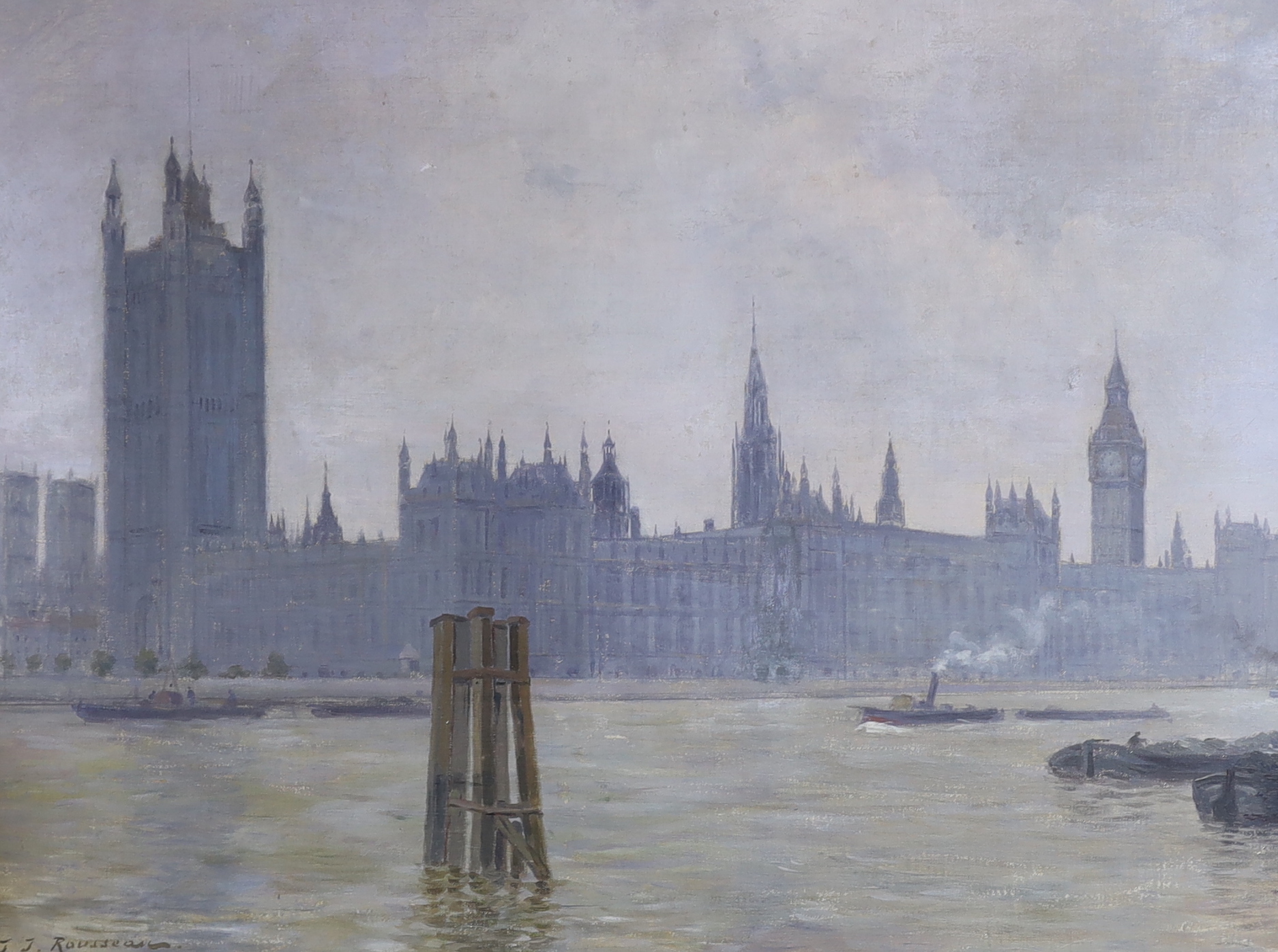 Jean-Jacques Rousseau (French, 1861-1911), oil on canvas, ‘Londres 1891’, The Houses of Parliament from The Thames, signed and dated lower left 1891, 44 x 59cm, applied plaque to the frame